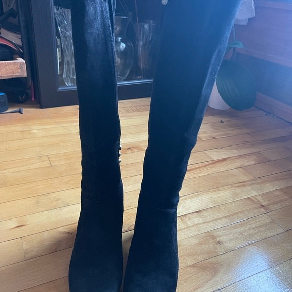 Anne Klein Black Suede Knee High Boots with Gold Details and Full length zipper - Picture 2 of 2